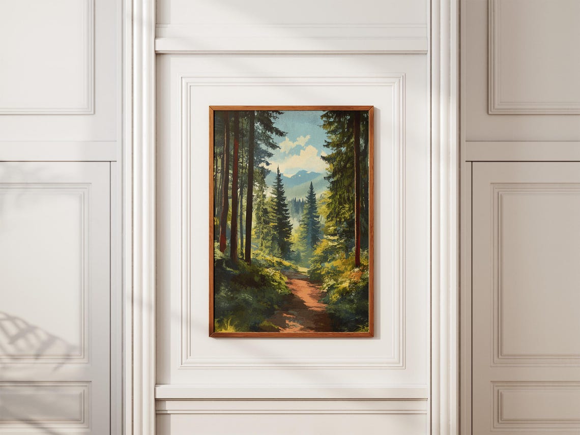 Sunlit Pine Forest Trail With Distant Mountain Peaks Scenic Poster - Image 2
