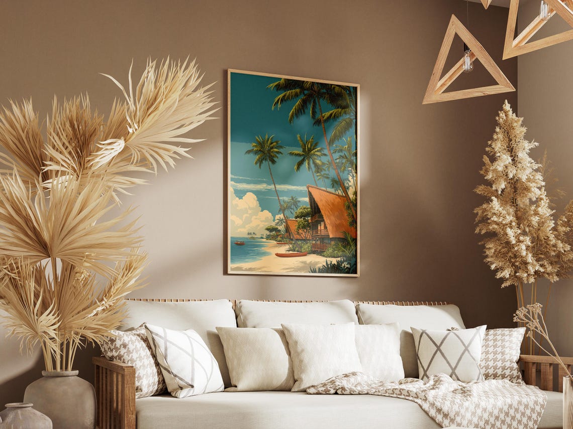 Vintage Hawaiian Beach Village Palm Trees Retro Travel Poster - Image 3