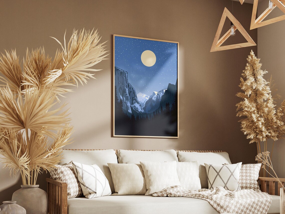 Yosemite National Park Moonlit Snowy Valley Cliffs Starry Night Art Poster - Image 3