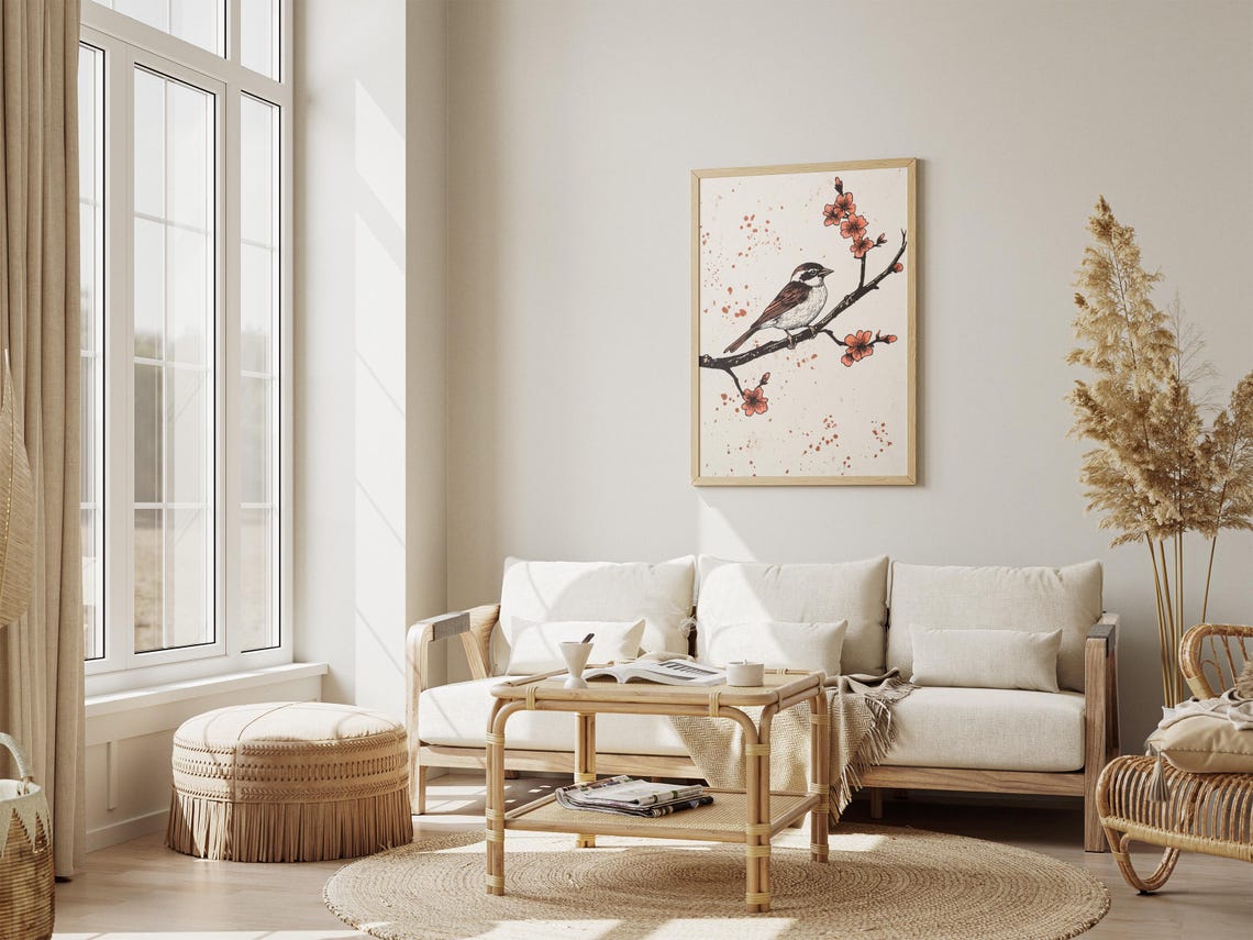 Sparrow Perched on Cherry Blossom Branch Minimal Ink Art Poster - Image 4