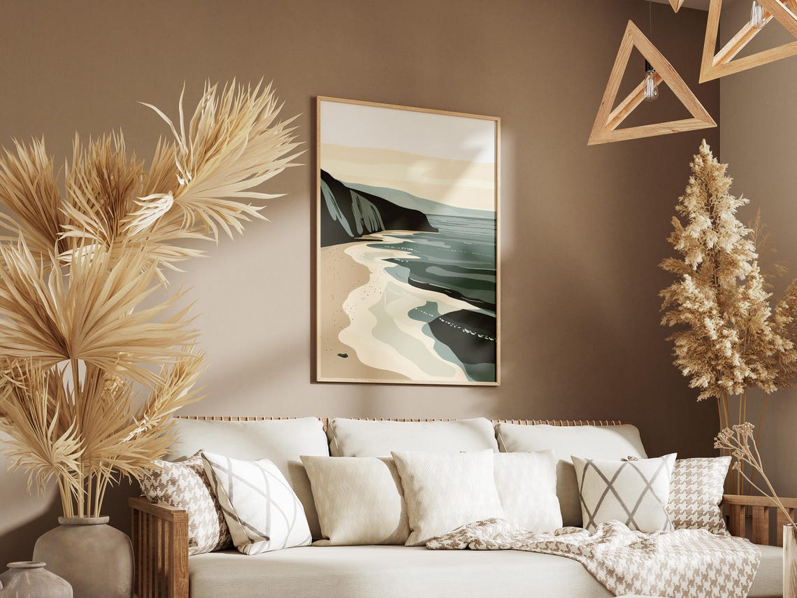 Abstract Beige Teal Coastal Waves Minimalist Beach Art Poster - Image 3