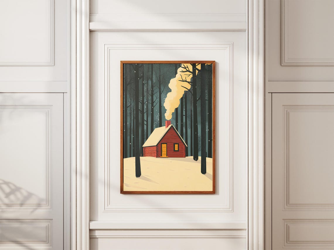 Little Red Cabin in a Snowy Pine Forest With Chimney Smoke Poster - Image 2