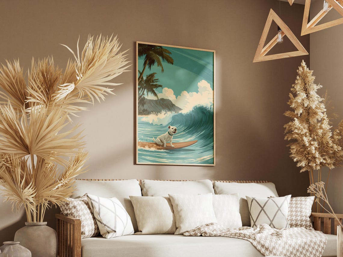 Surfing Dog Riding Big Ocean Wave Palm Tree Beach Travel Poster - Image 3