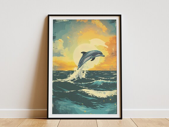 Ocean Sunset Dolphin Poster Minimalist Art Print Beach Decor Ocean Animal Wall Art Coastal Decor Sea Life Art
