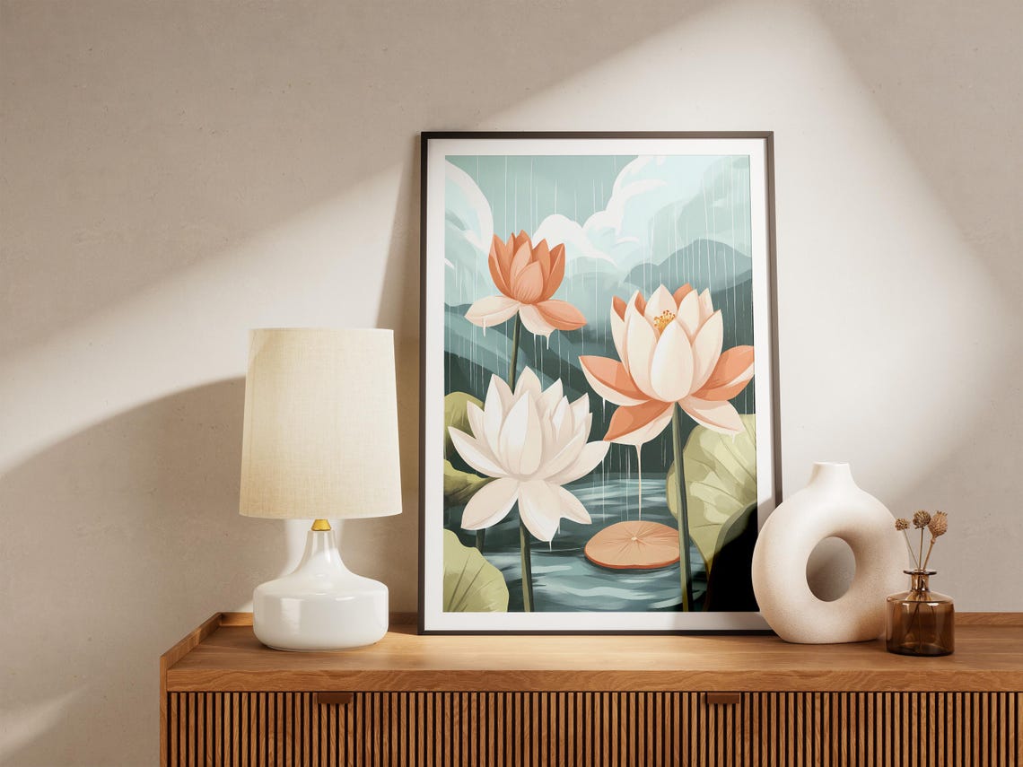 Lotus Flowers Rainy Pond Botanical Illustration Serene Nature Poster - Image 4