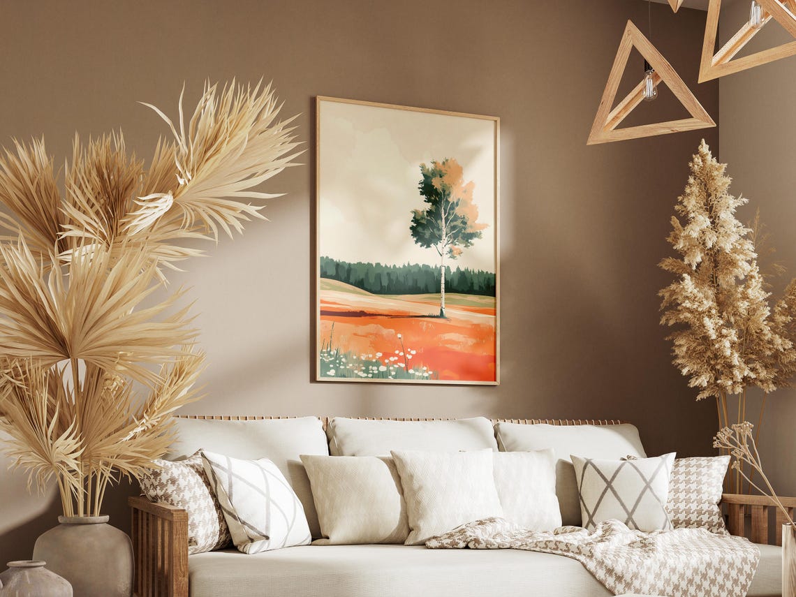 Lone White Birch Tree in an Autumn Orange Field Minimalist Poster - Image 3