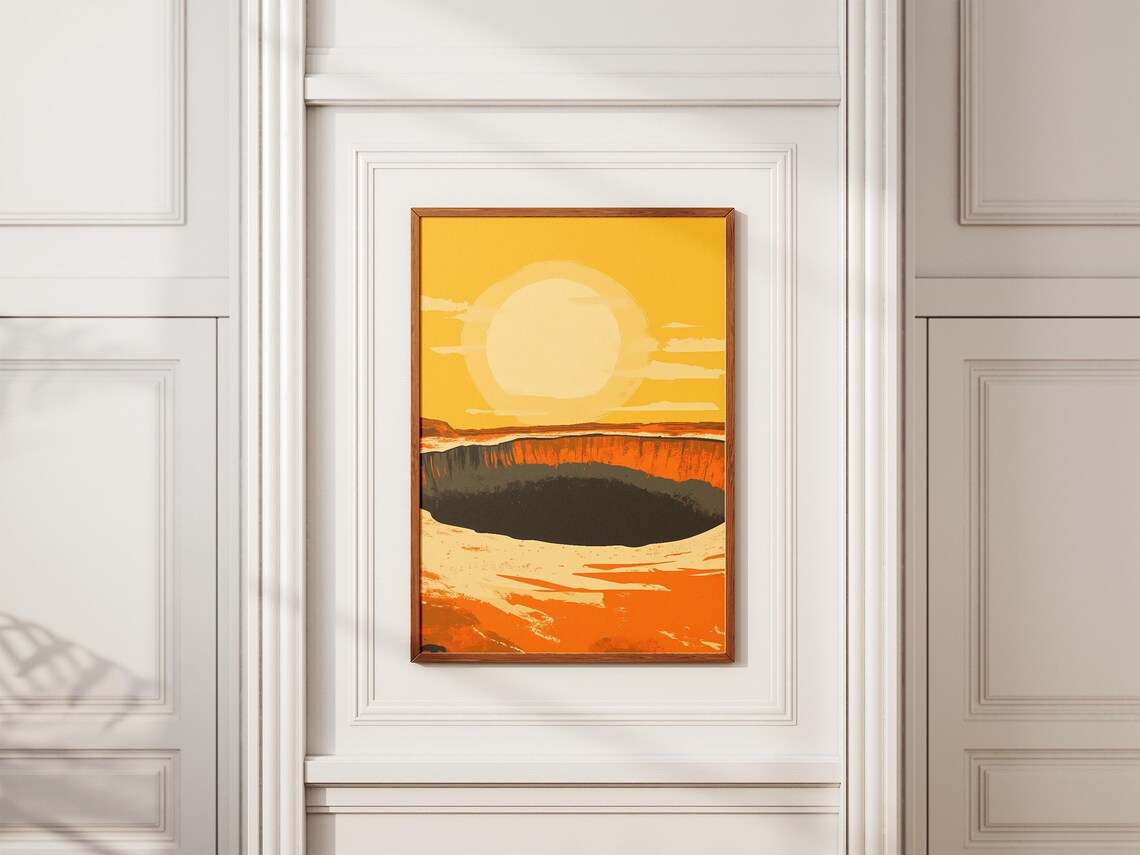 Turkmenistan Darvaza Gas Crater Posterorange Sunset Landscape Printabstract Travel Illustrationcentral Asia Artgeology Natureflat - Image 2