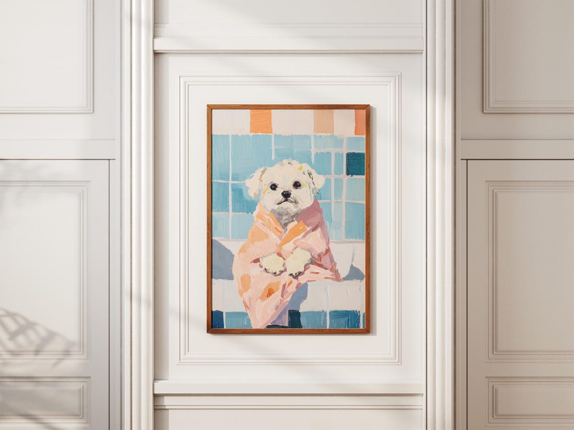 Small White Dog Wrapped In Pink Towel Poster Cute Pet Bathroom Art - Image 2