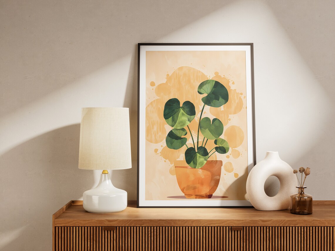 Potted Coin Leaf Plant Watercolor Yellow Botanical Art Poster - Image 2