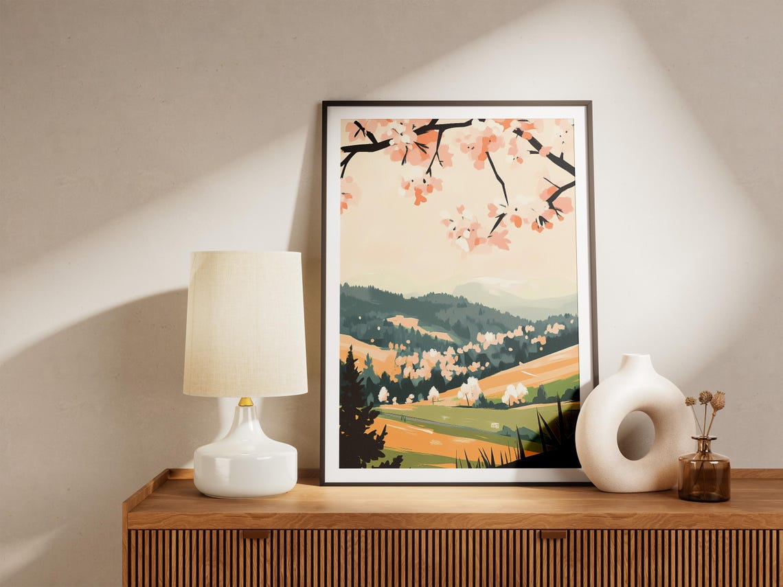 Pink Cherry Blossom Hills Rolling Golden Fields Pine Forest Art Poster - Image 5