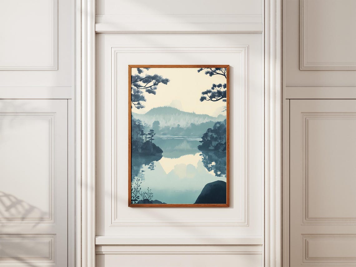 Teal Misty Lake Mirror Reflection Pine Forest Calm Scene Poster - Image 2