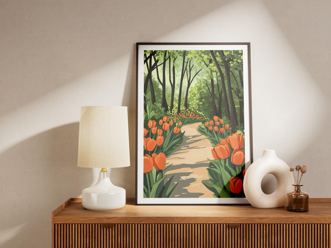 Orange Tulip Pathway Sunlit Woodland Garden Spring Art Poster - Image 5