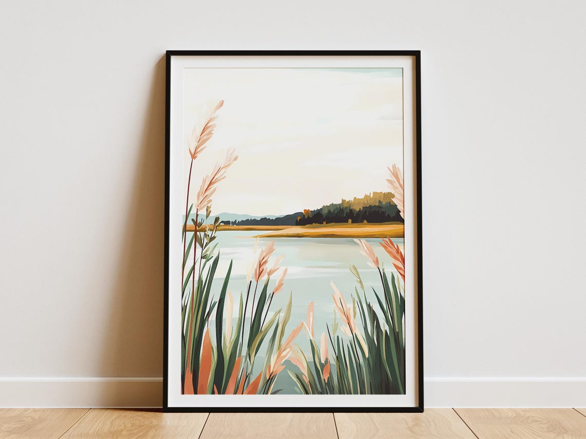 Tranquil Lakeshore Reeds Over Calm Water Nature Landscape Poster