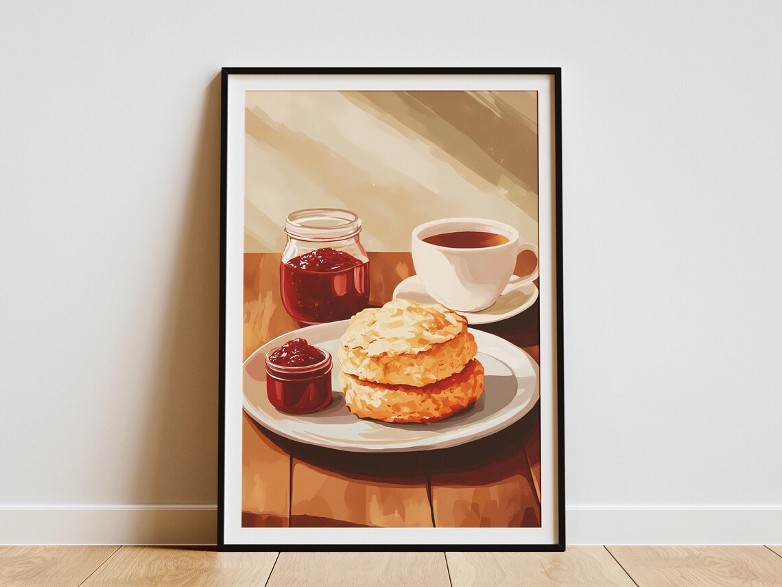 Cream Tea Scones Raspberry Jam and Cup of Tea Still Life Poster