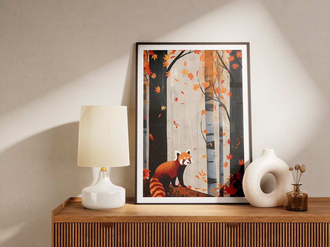 Red Panda in Autumn Forest, Minimalist Art Print - Image 2