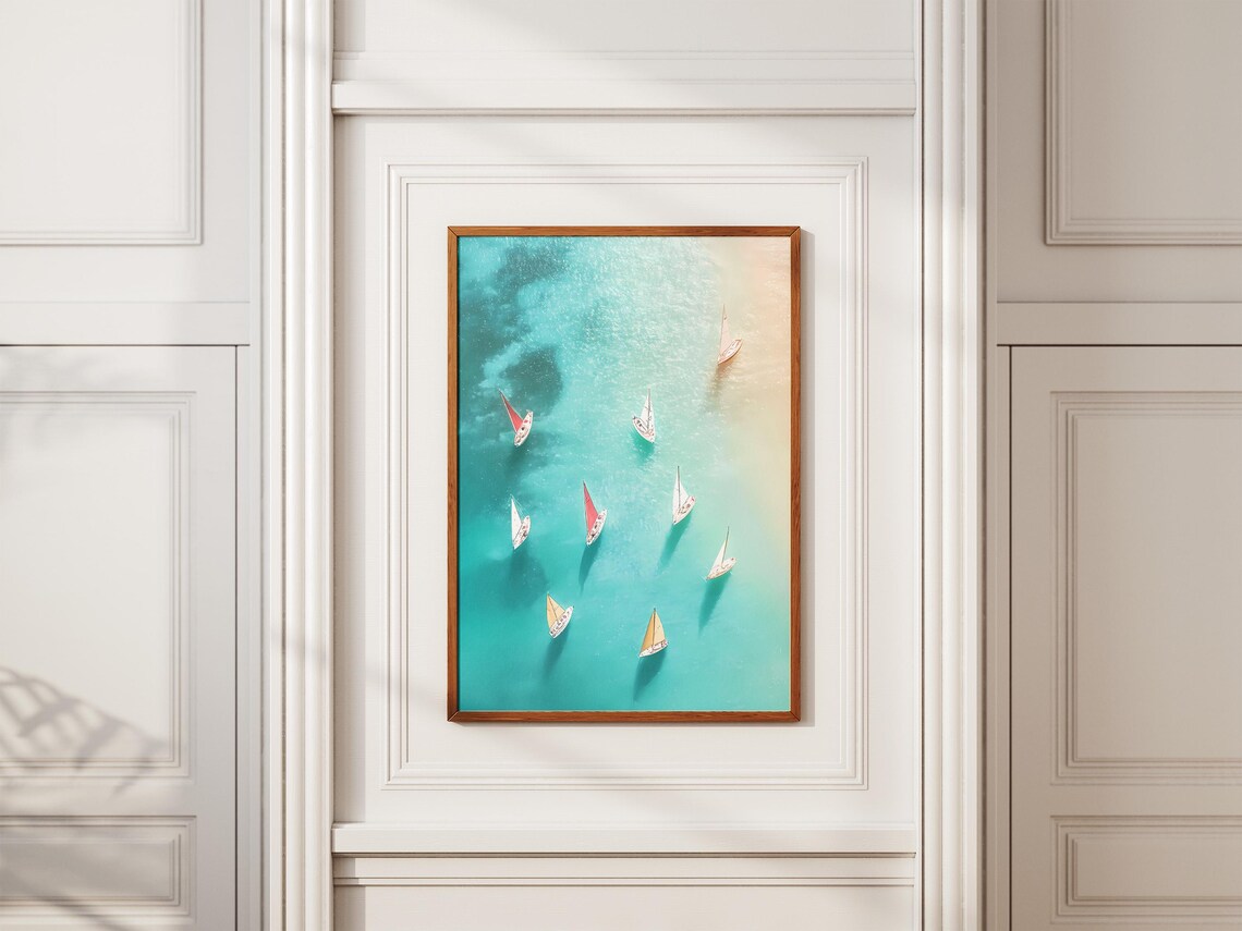 Aerial View of Small Sailboats Gliding on Turquoise Sea Water Poster - Image 2