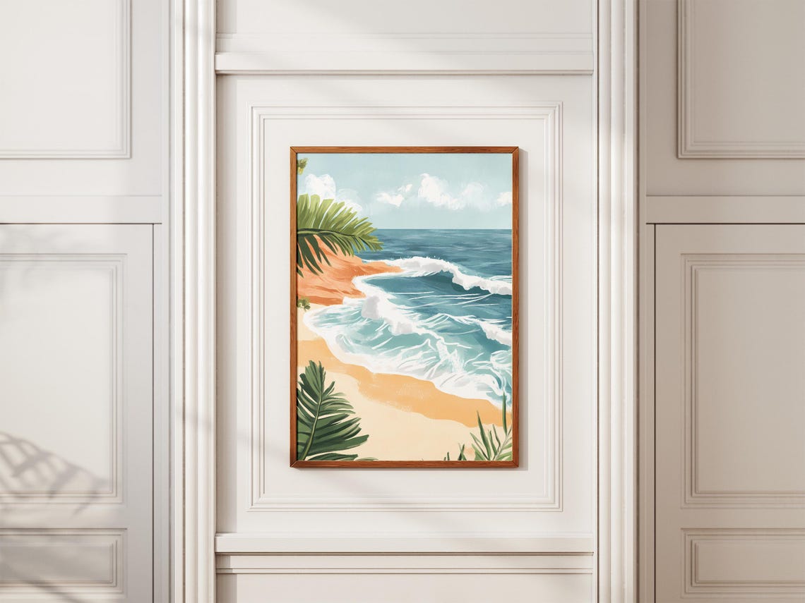 Tropical Beach Wave Curling Turquoise Ocean Palm Leaf Art Poster - Image 2