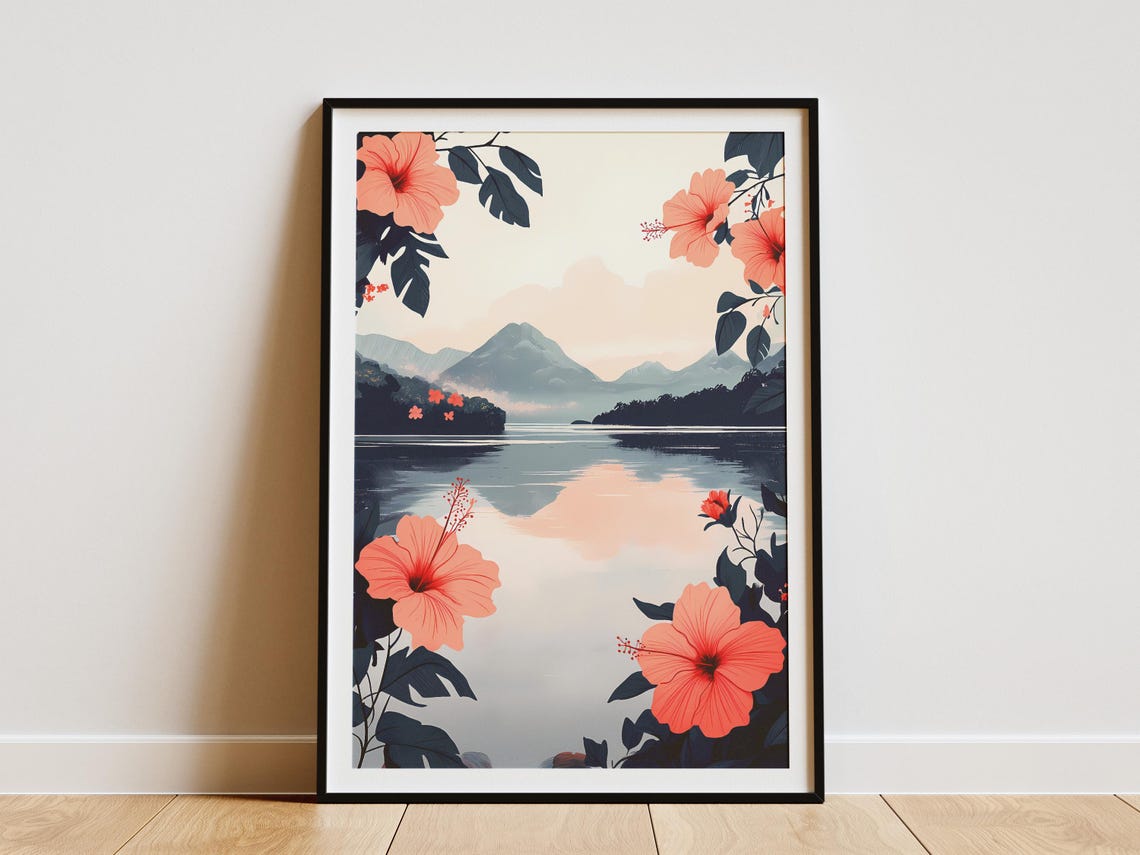 Blush Hibiscus Sunset Lake Misty Mountain Romantic Art Poster