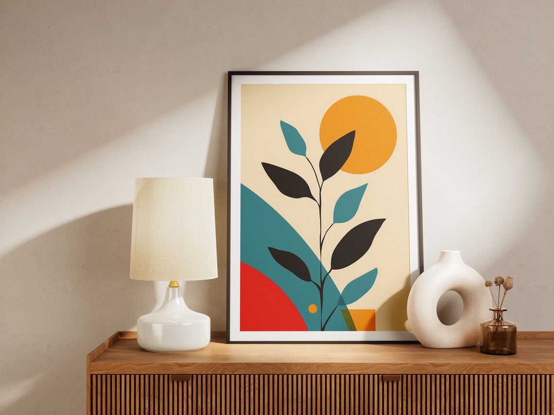 Minimalist Botanical Plant And Golden Sun Mid Century Art Poster - Image 2