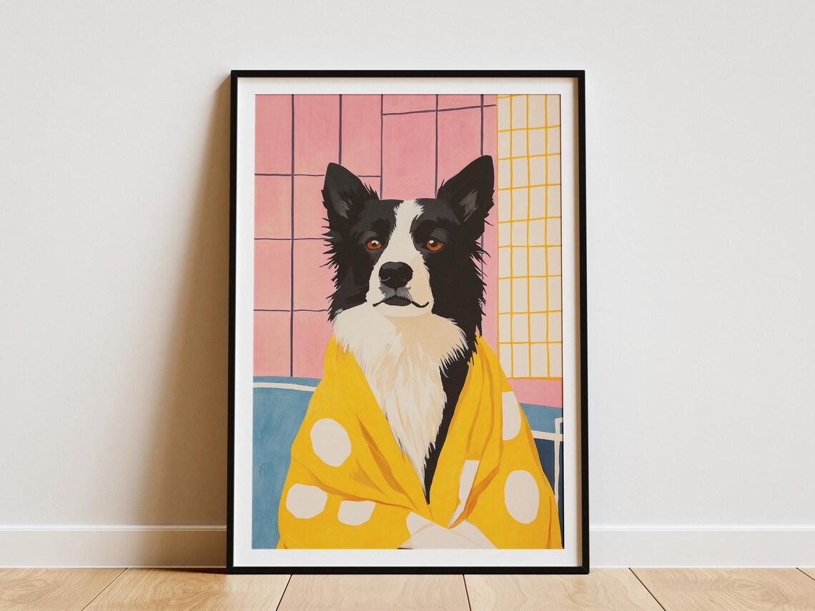 Border Collie in Yellow Polka Dot Bathrobe Funny Bathroom Dog Poster