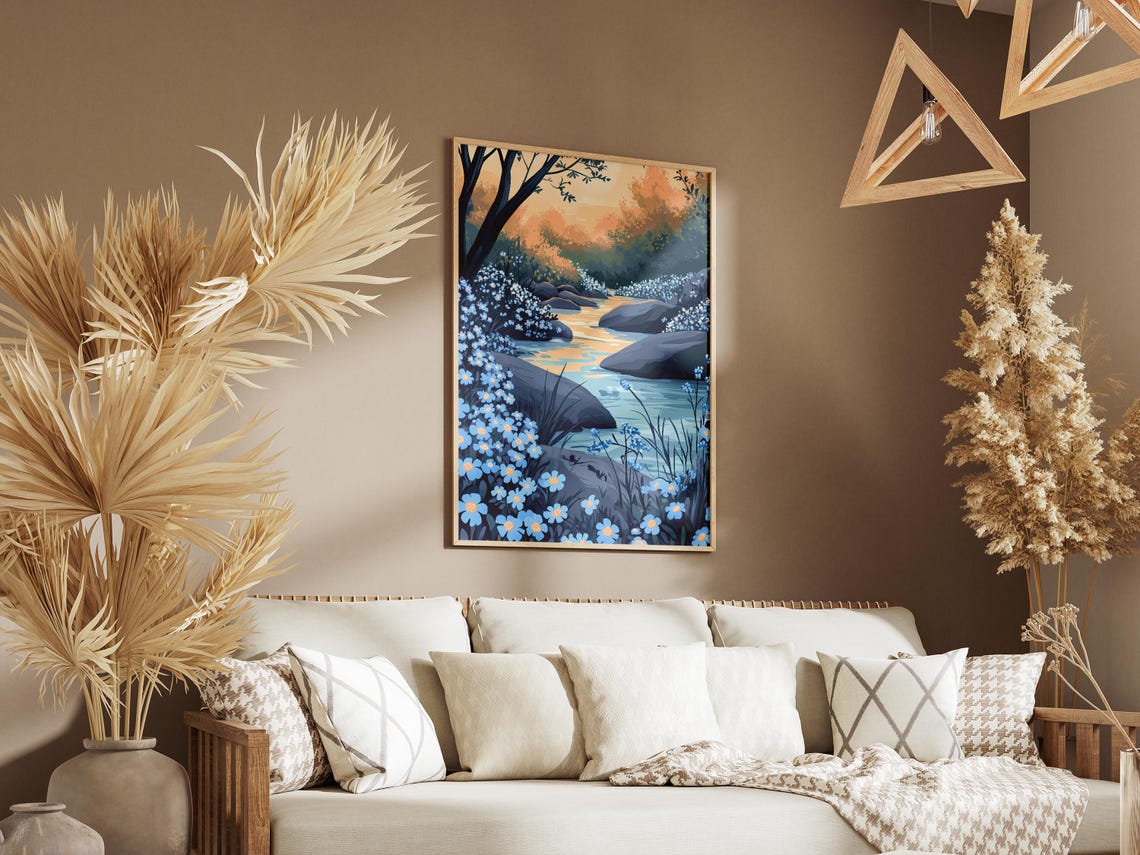 Forget Me Not River Rocks Blue Flowers Twilight Scenic Poster - Image 3