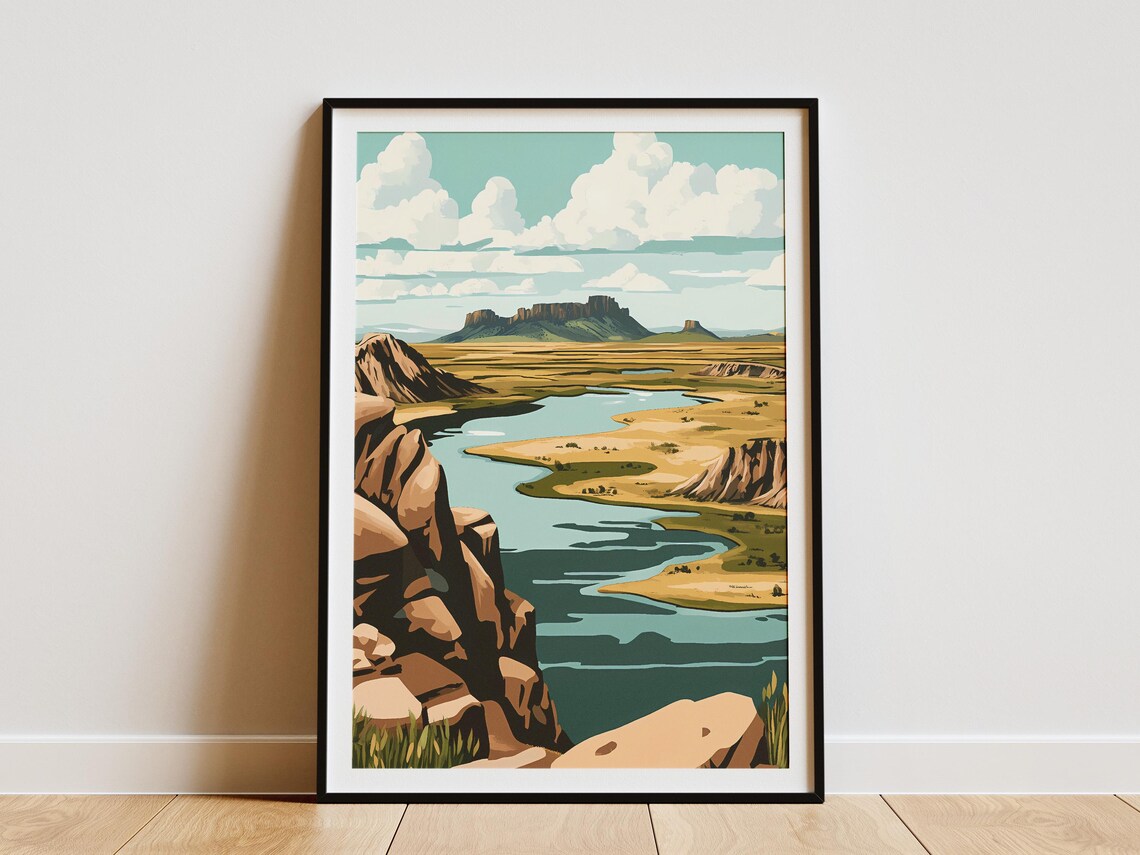 Wide River Winding Through Golden Steppe Plains Travel Poster