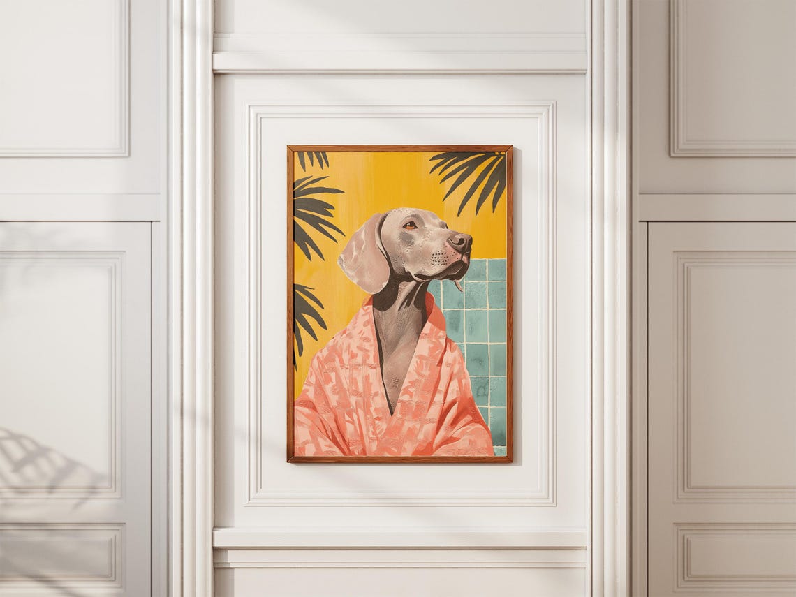 Weimaraner Dog in Coral Bathrobe Tropical Palm Bathroom Poster - Image 2