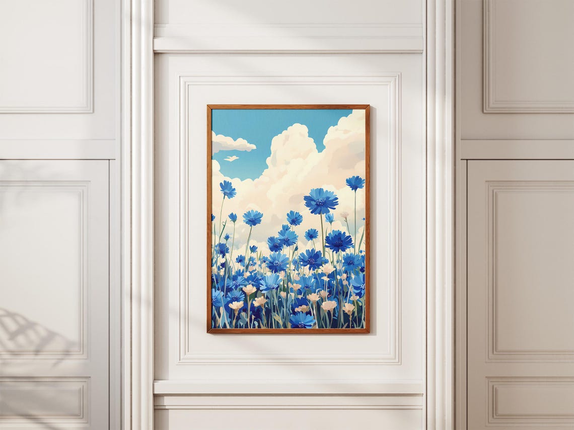 Blue Cornflower Field Summer Sky Clouds Upward Dreamy View Poster - Image 2