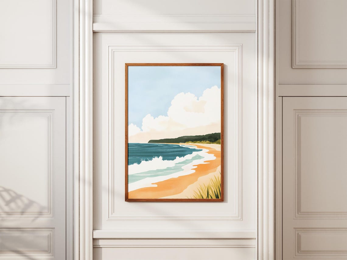 Ocean Beach With Breaking Waves Under Cloudy Sky Scene Poster - Image 2