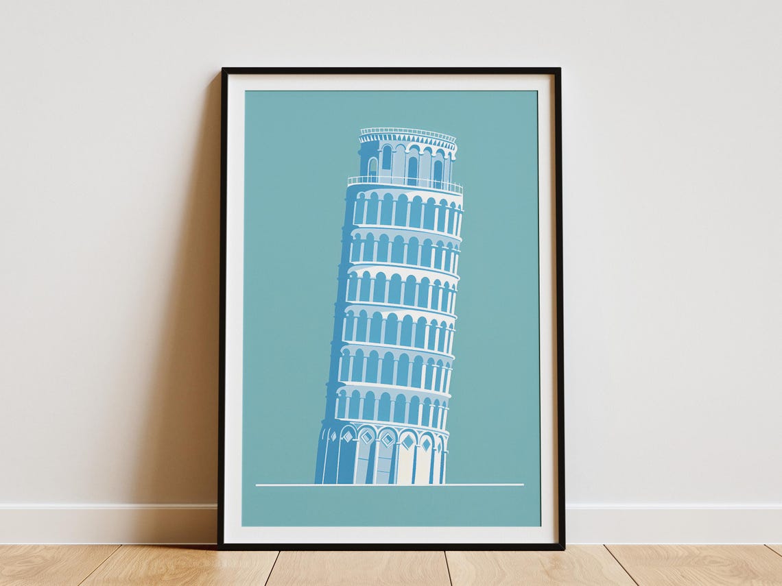 Leaning Tower Of Pisa Minimalist Teal Illustration Travel Poster