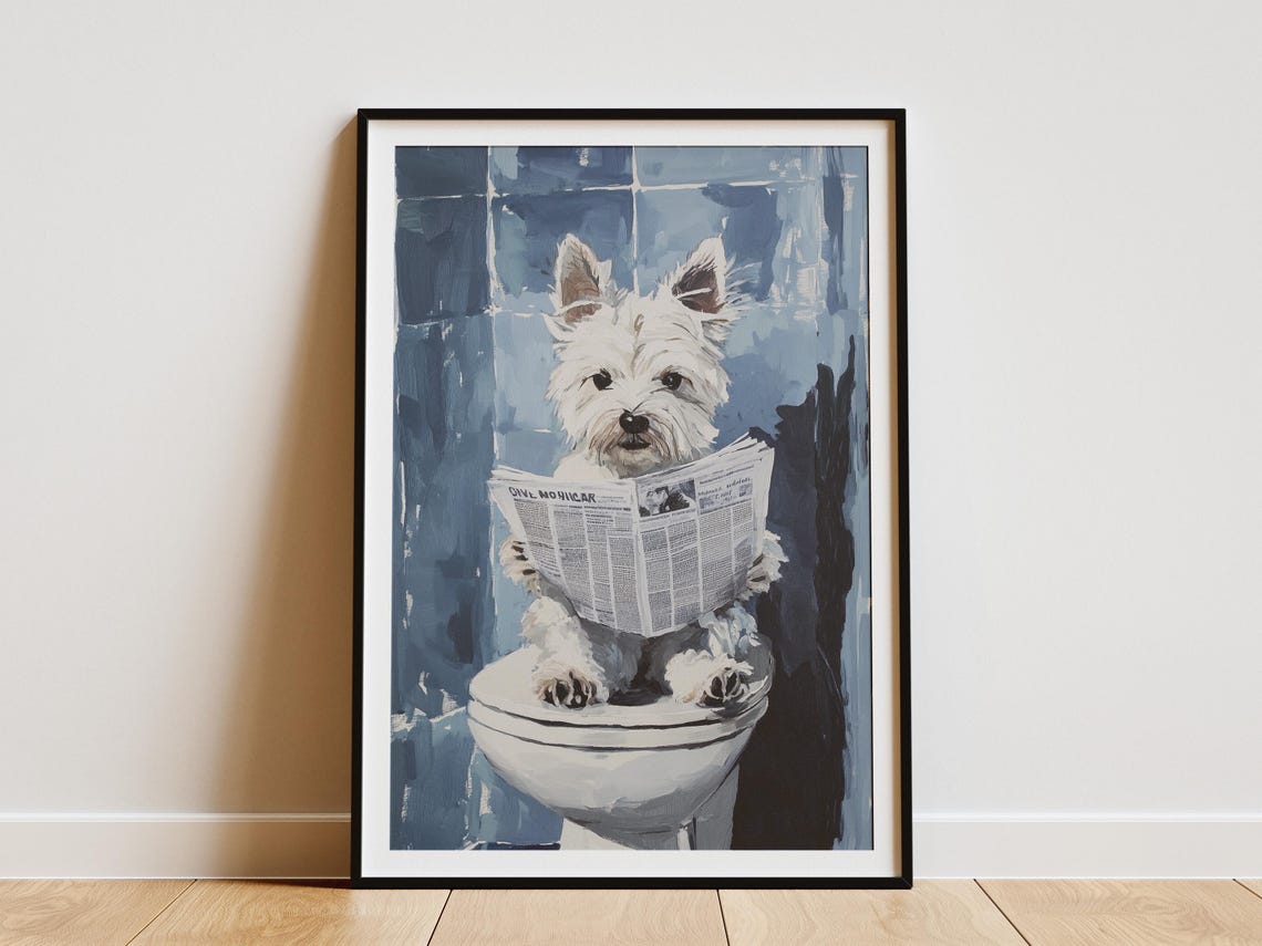 West Highland Terrier Toilet Paper Newspaper Dog Print Funny Pet Wall Art Bathroom Decor Whimsical Dog Painting Modern Dog Poster Cute Puppy