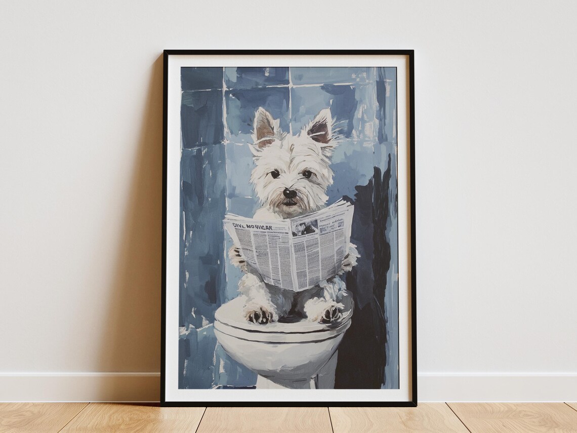 Westie Reading Newspaper on Toilet Deep Blue Tile Humor Poster