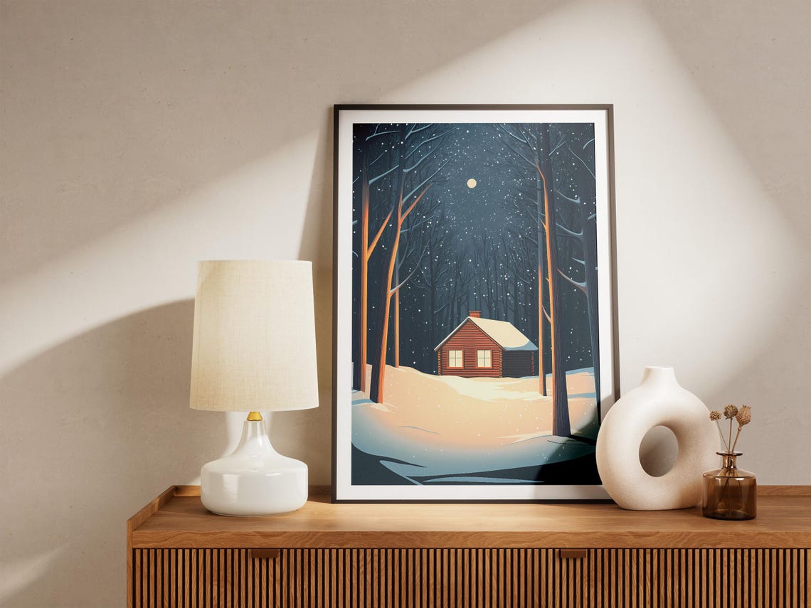 Cozy Red Cabin in a Snowy Moonlit Forest on a Winter Night Poster - Image 5