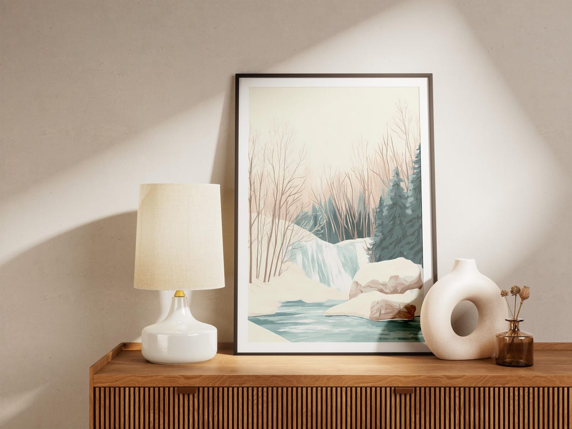 Frozen Waterfall in a Quiet Snowy Birch Forest Landscape Poster - Image 5