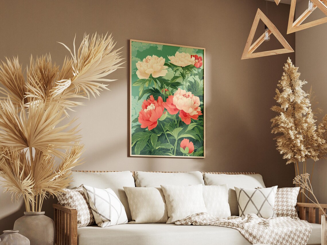 Coral Pink White Peonies Lush Green Botanical Floral Art Poster - Image 3