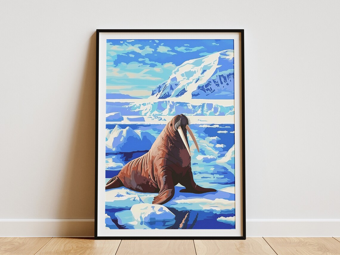 Arctic Walrus on Sea Ice Vintage Wildlife Travel Style Poster
