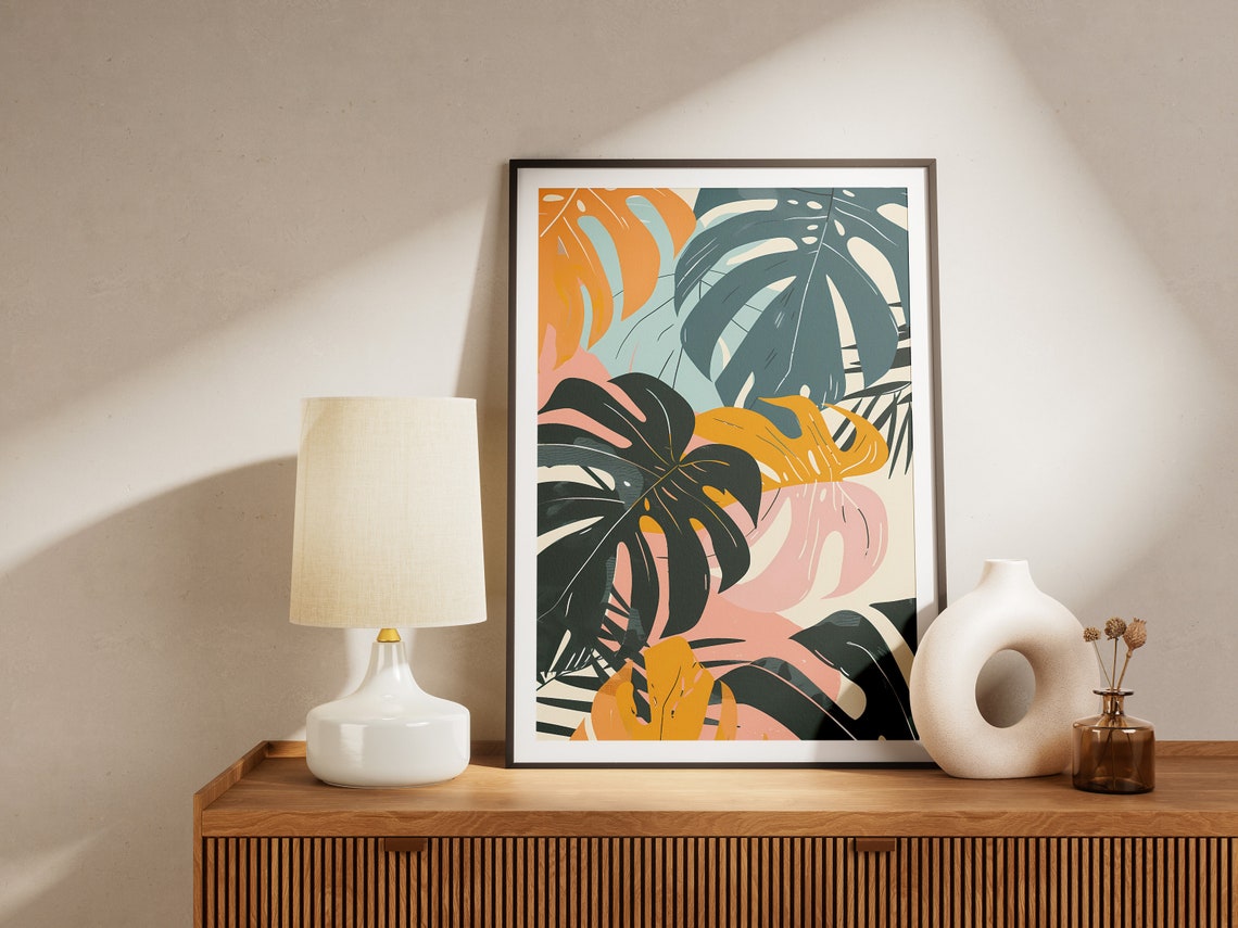 Monstera Leaves Tropical Botanical Dark Teal Orange Art Print - Image 2