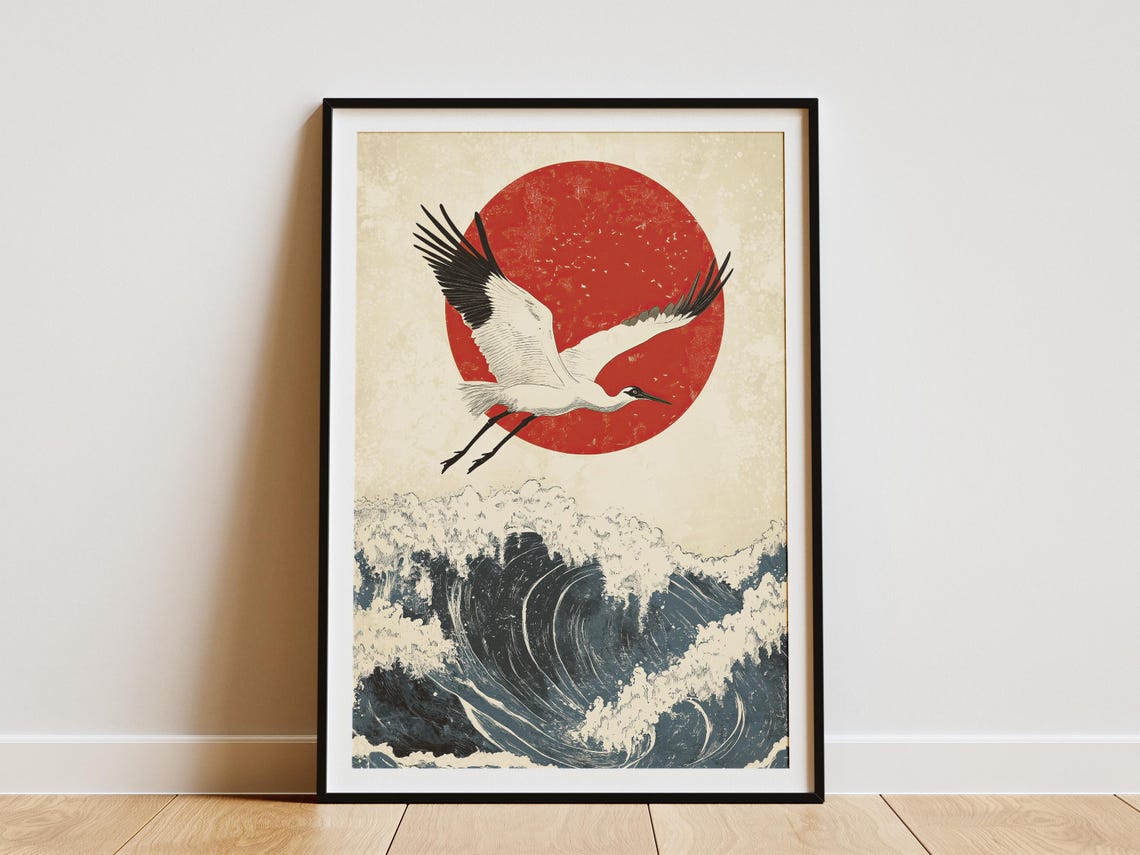 Japanese Red Crowned Crane Flying Over Red Sun Ocean Wave Art Poster