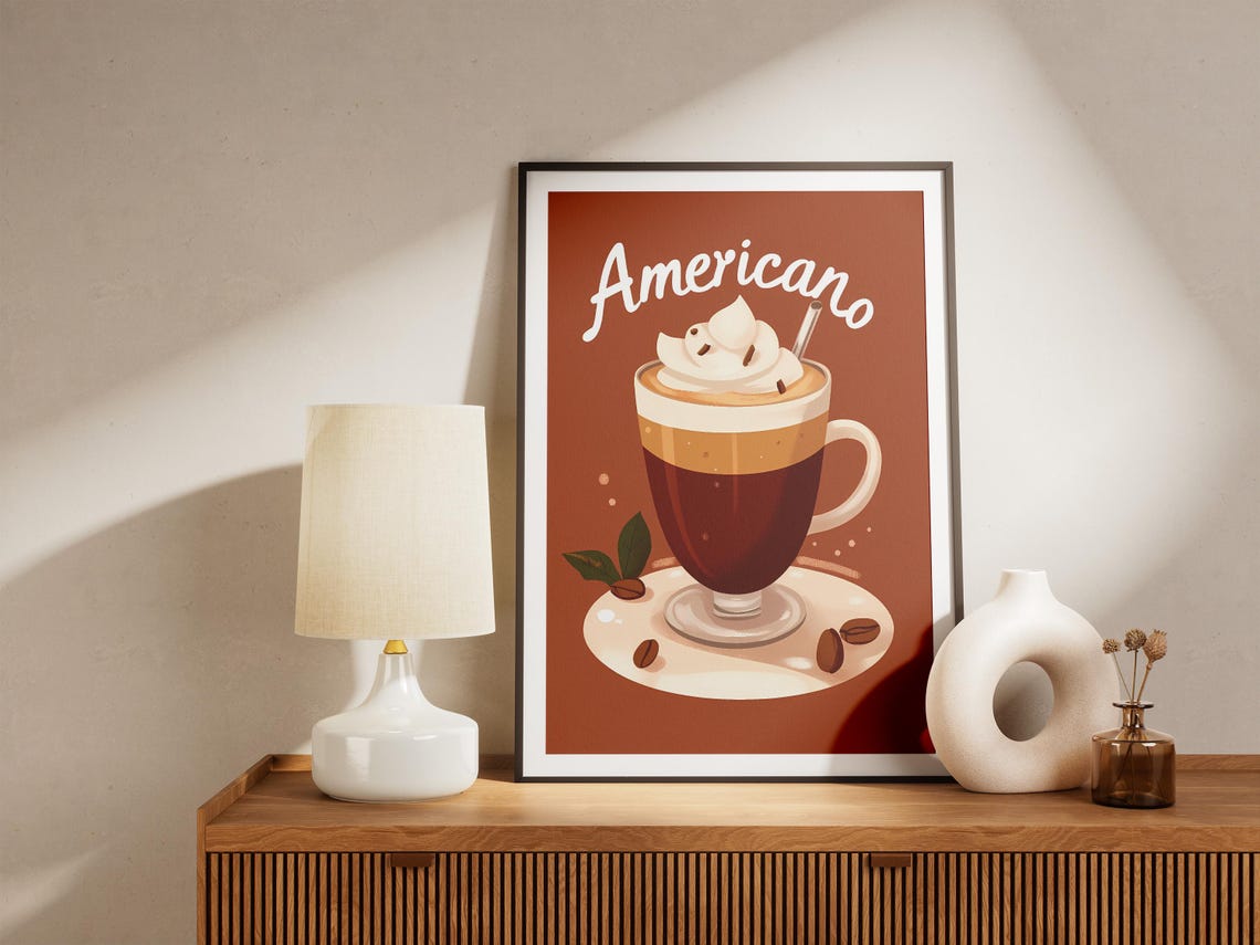 Americano Coffee With Whipped Cream On Orange Cafe Art Poster - Image 5