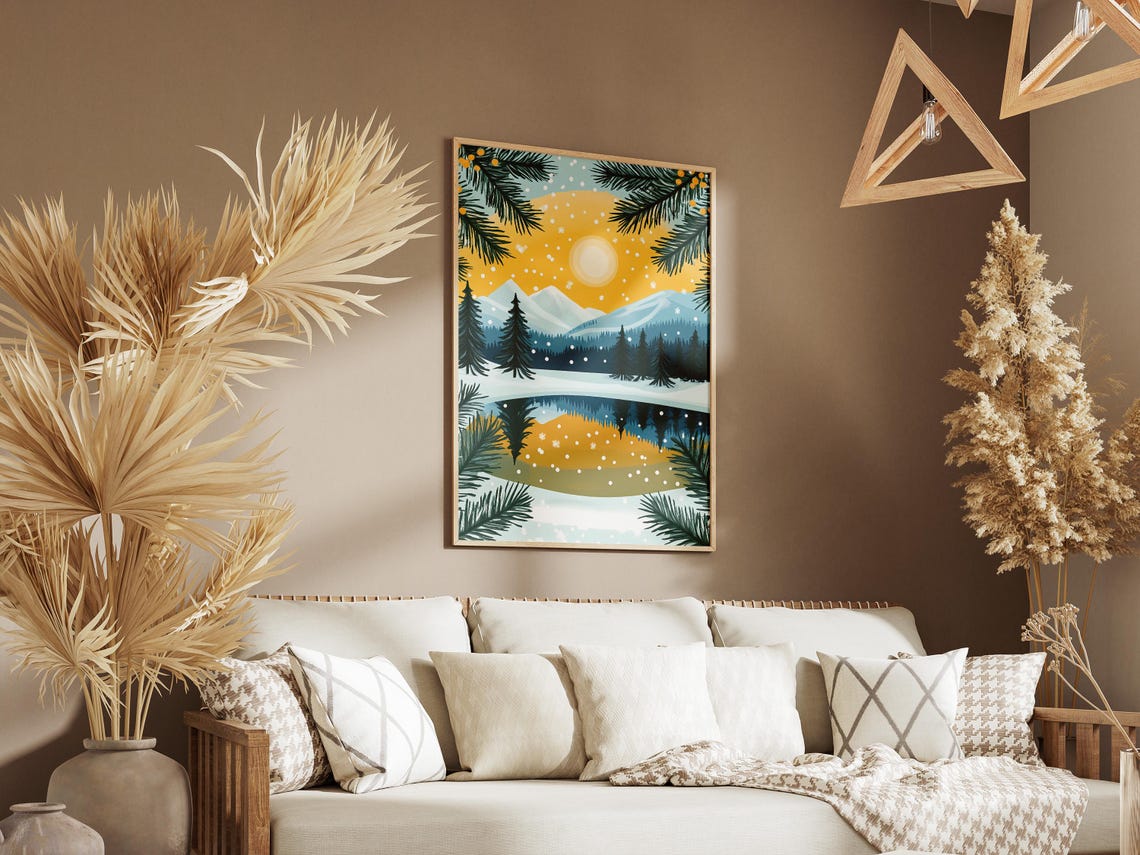 Golden Winter Sky Over a Snowy Lake Framed by Pine Boughs Poster - Image 3
