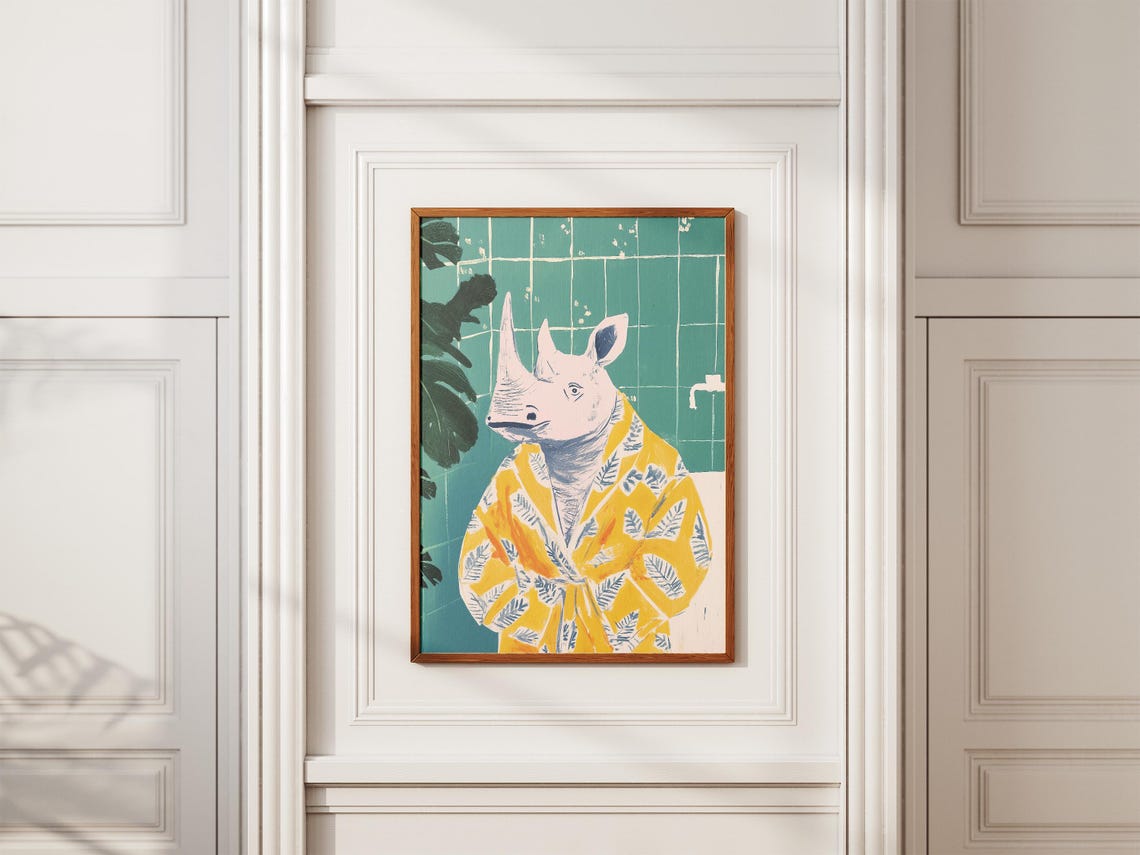Elegant Rhino In Yellow Leaf Bathrobe Whimsical Bathroom Poster - Image 2