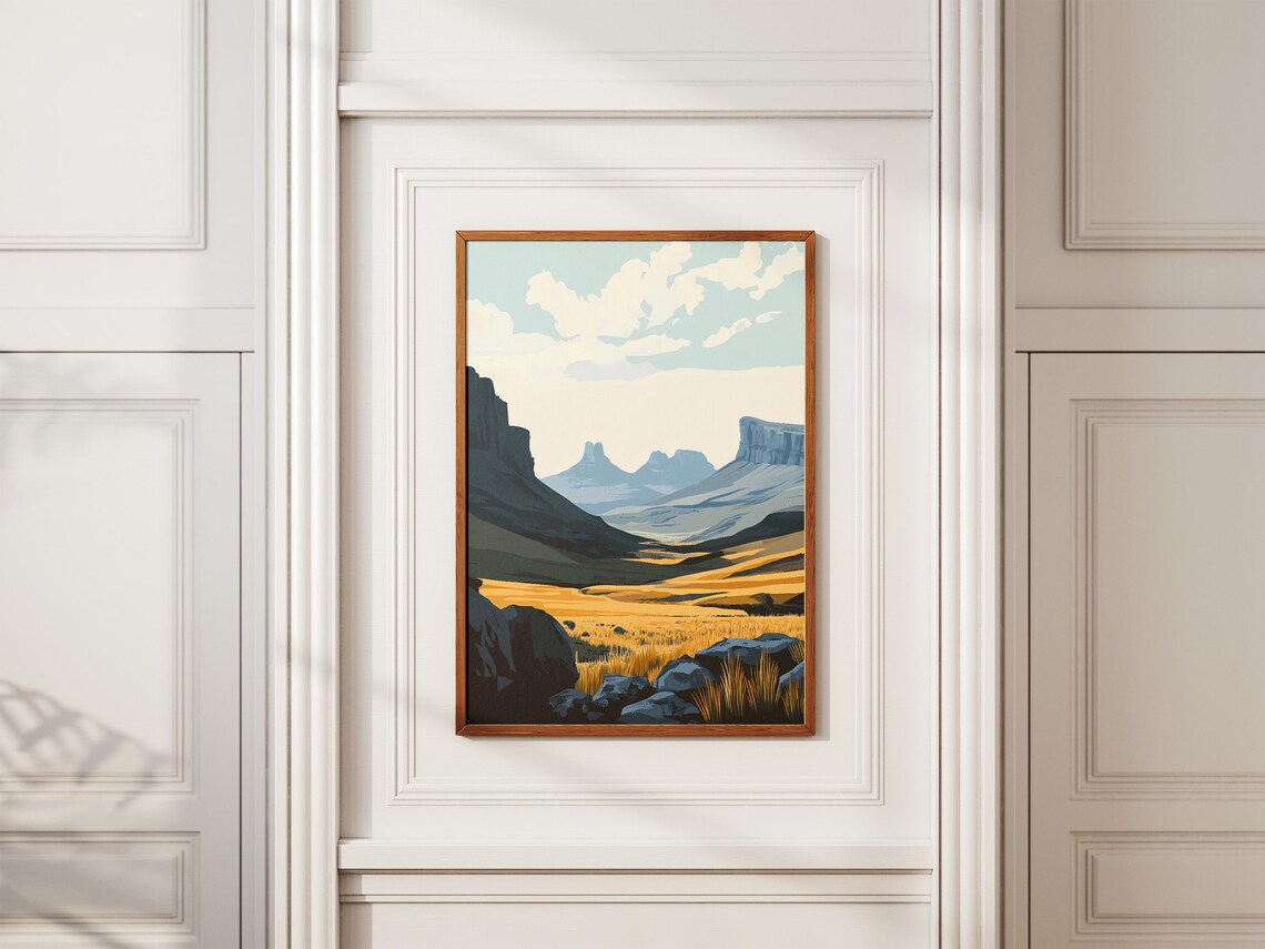 Drakensberg Mountains Golden Valley Flat Illustration Travel Poster - Image 2