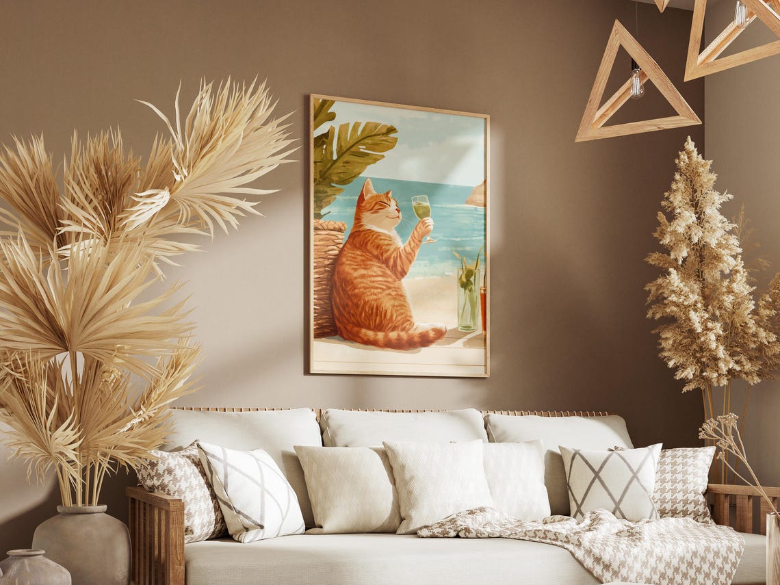 Orange Tabby Cat Sipping White Wine at a Sunny Beach Vacation Poster - Image 3