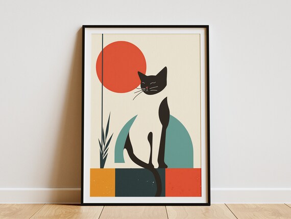 Minimalist Cat Poster Geometric Art Print Wall Decor Modern Cat Art Black White Cat Illustration
