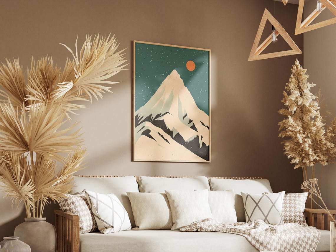 Minimalist Cream Mountain Peak Orange Sun Under Teal Starry Sky Poster - Image 3