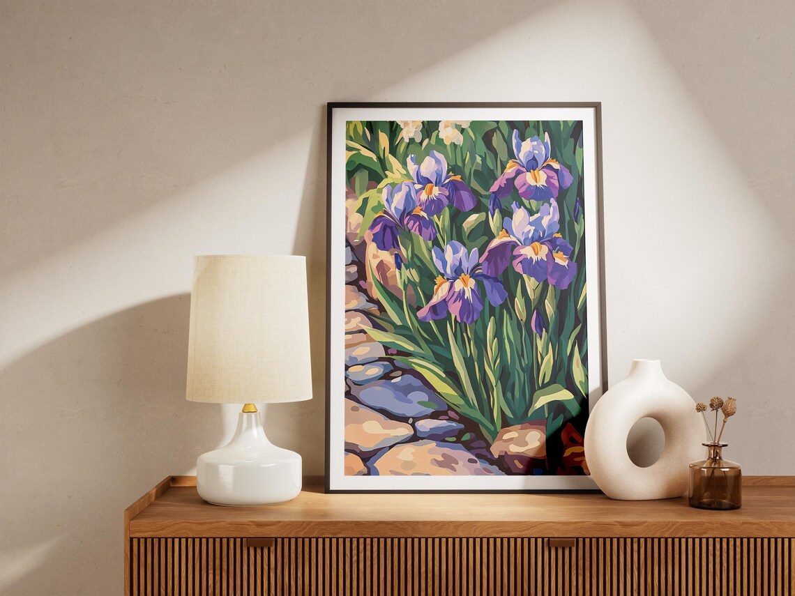 Purple Irises Beside Sunlit Stone Garden Path Colorful Floral Poster - Image 5