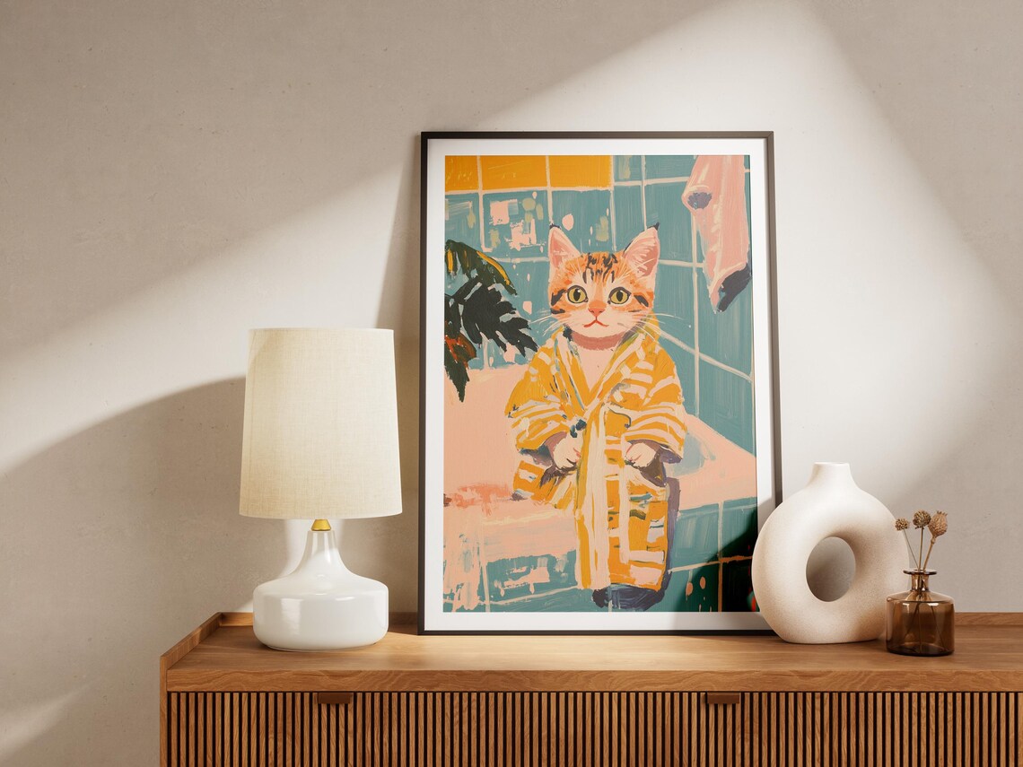 Striped Kitten in Yellow Bathrobe Cute Bathroom Cat Art Whimsy Poster - Image 4