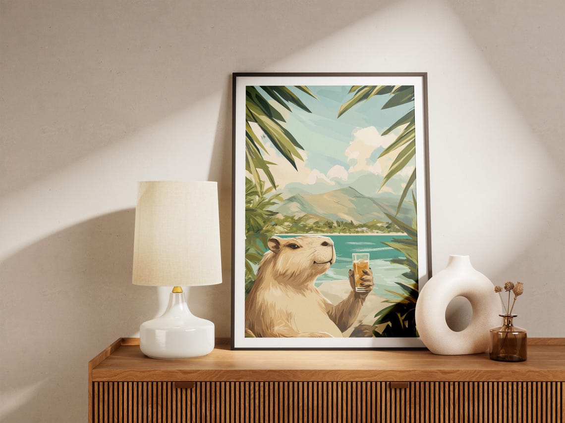 Smiling Capybara Holding a Cocktail at a Tropical Beach Poster - Image 5