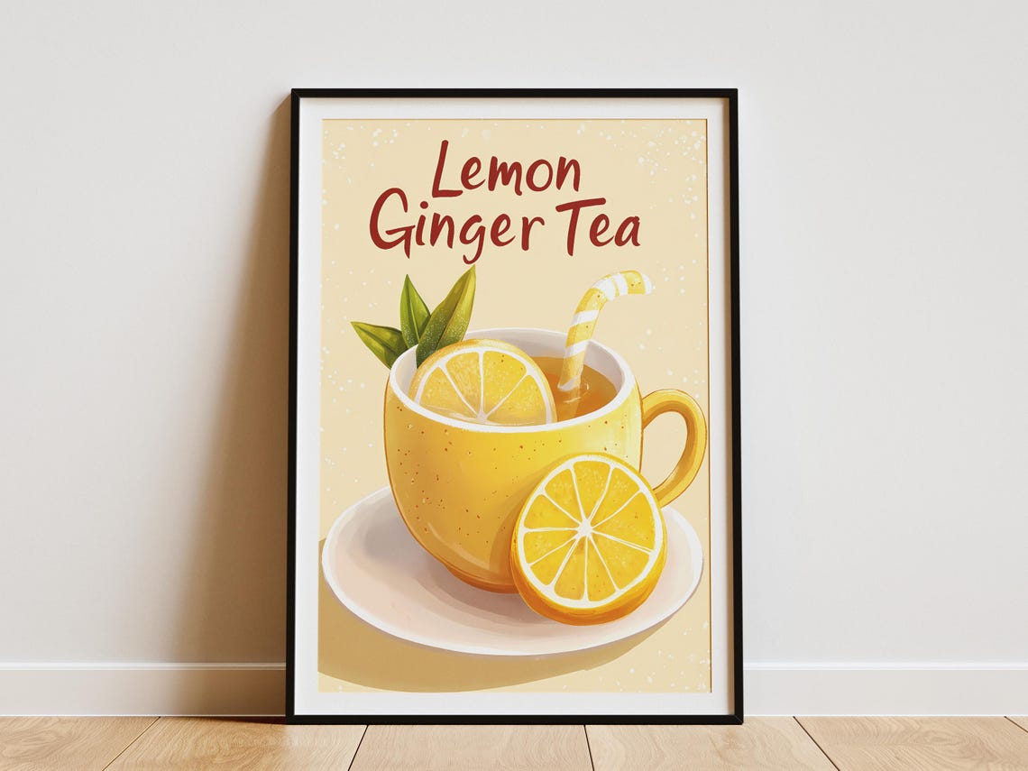 Lemon Ginger Tea Yellow Cup Retro Cafe Typography Drink Poster