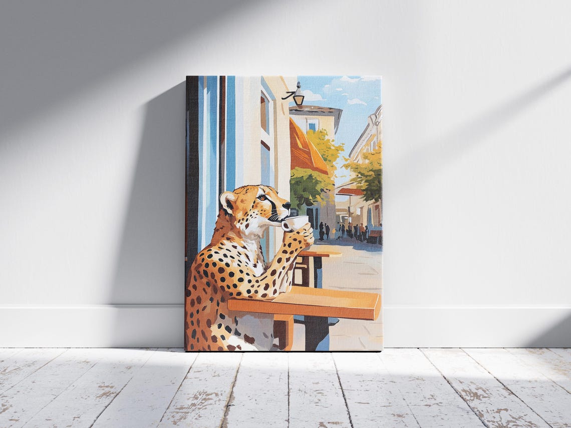 Elegant Cheetah Sipping Coffee at Mediterranean Street Cafe Poster - Image 2